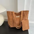 Bolso tote de pana marrón grande con estuche con cremallera a juego y etiqueta FASHION - Juego de bolsos de hombro / Marrón