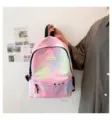 Close-up of a stylish rainbow gradient backpack featuring a decorative silver chain detail. - Pink