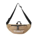 Khaki streetwear chest bag with adjustable black strap and 'TENGRUN?' graphic print - Khaki