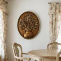 Vintage bronze oval relief wall art plaque with 3D floral bouquet design - Vintage Gold Begonia Flower / 20x25x1cm