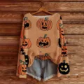 Halloween pompoen 3D print boothals lange mouw trui variant, oranje gezellige gebreide kleding. - S / Tops