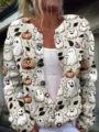 Cozy women's white cardigan featuring festive Halloween ghost and pumpkin prints - S / Tops / Halloween Ghost (20260525)
