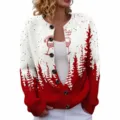 Christmas themed red and white knitted cardigan sweater with tree and wine glass print design. - S / Tops / Red and White