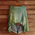Green botanical floral print boat neck long sleeve knit sweater variant for women fashion. - S / Tops / Color 856
