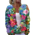 Vintage bohemian floral print round neck knit cardigan with brown buttons for women - S / Tops / Oil Painting Floral Print (BYP20260703077)