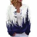 Women's Christmas printed knit cardigan sweater, casual round neck button down winter top. - S / Tops / Blue White Gradient