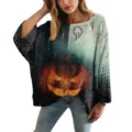 Maglione in maglia traforata oversize da donna con stampa zucca di Halloween 3D - Taglia S / Top con Stampa Zucca Sfumata di Halloween (XY-LK06)