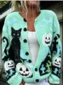 Women's mint green Halloween knit cardigan with vintage black cat and pumpkin design - S / Tops / Mint Green Halloween Jacquard (202608071)