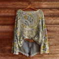 Boat neck long sleeve botanical floral print knit sweater paired with denim shorts. - S / Color 866