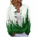 Christmas themed women's knitted cardigan sweater with tree print and button front design. - S / Tops / Green and White Contrast