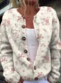 Vintage white knit cardigan with pink floral print and wooden buttons - S / Tops / White Pink Rose Floral (202608103)