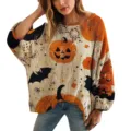 Maglione in maglia traforata Halloween oversize da donna con stampe 3D di zucche - Taglia S / Top con Stampa di Halloween Spaventosa (XY-LK08) / Nero