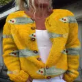 Vintage yellow knitted cardigan featuring a whimsical fish print and long sleeves - S / Tops / Yellow Cartoon Fish (202608111)