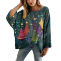Maglione lavorato a maglia verde scuro con stampe alberi di Natale 3D colorati - Taglia S / Top con Stampa Albero di Natale (XY-LK009) / Verde scuro