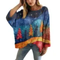 Maglione in maglia traforata da donna con stampa foresta 3D colorata - Taglia S / Top con Stampa Paesaggio Forestale (XY-LK010) / Stampa Foresta Blu
