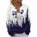Christmas cardigan for women, knitted sweater with wine glass and tree print, long sleeve top. - S / Tops / Blue White Gradient