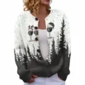 Christmas Gradient Print Women Cardigan Round Neck Long Sleeve Knitted Sweater Top - S / Tops / Black and White Gradient