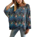 Maglione traforato blu da donna con stampa natalizia e motivi festivi di Babbo Natale - Taglia S / Top con Stampa Babbo Natale e Stella (XY-LK011) / Tema Natalizio Blu