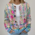 Retro colorful chunky knit cardigan featuring vibrant floral embroidery and brown buttons - S / Tops / Colorful Embroidered Floral (202608302)