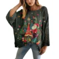 Maglione festivo verde scuro in maglia traforata con stampa 3D di Natale per donne - Taglia S / Top con Stampa Babbo Natale (XY-LK012) / Verde scuro
