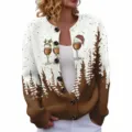 Christmas themed women's knitted cardigan sweater with wine glass and pine tree print long sleeve - S / Tops / Brown White Gradient