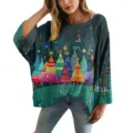 Maglione traforato da donna verde con stampa colorata di alberi di Natale 3D, design alla moda - Taglia S / Top con Albero di Natale Geometrico (XY-LK013) / Verde scuro