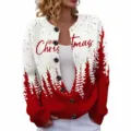 Christmas Red White Cardigan Sweater Festive Tree Print Button Down Knitwear Winter - S / Tops / Red and White
