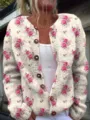 Vintage cream knit cardigan featuring pink rose floral print and round neckline - S / Tops / Cream Red Rose (202608304)