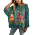 Maglione in maglia traforata verde con stampe colorate di alberi di Natale festivi - Taglia S / Top con Albero di Natale Colorato (XY-LK014) / Verde Scuro