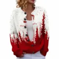 Christmas crewneck knitted cardigan sweater, red and white gradient print design for winter. - S / Tops / Red White Gradient