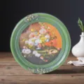 Détail d'une peinture florale vintage française avec un cadre sculpté vert antique - Extérieur 12x12cm (Intérieur 10x10cm) / Vert Vintage