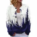 Christmas round neck cardigan sweater with blue gradient print, stylish knitwear for women. - S / Tops / Blue White Gradient