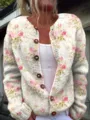 Vintage cream knit cardigan featuring pink floral print and large brown buttons - S / Tops / Light Cream Base Pink Rose (202608281)