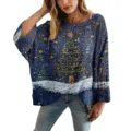 Maglione traforato blu in stile oversize con stampa festiva di albero di Natale 3D - Taglia S / Top Albero di Natale Cielo Stellato (XY-LK015) / Blu scuro