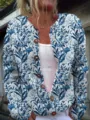 Vintage blue floral print long sleeve cardigan jacket with round neck and wooden buttons - S / Tops / Blue and White Floral (202608292)