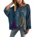 Maglione oversize traforato blu con stampa 3D di alberi di Natale e design lunare unico - Taglia S / Top Albero di Natale Oro (XY-LK016) / Blu scuro