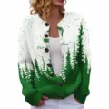 Christmas green and white cardigan sweater with festive tree print and front button closure. - S / Tops / Green White Gradient