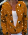 Vintage mustard yellow long sleeve knit cardigan with black cat, moon, and star patterns - S / Tops / Ginger Star Moon Cat (202608311)