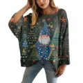 Maglione traforato oversize con stampa 3D di gnomo natalizio in grigio scuro - Taglia S / Top con Stampa Gnomo di Natale (XY-LK017) / Verde Grigio Scuro