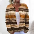 Vintage Christmas knit cardigan with brown geometric stripes and front buttons closure - S / Tops / Brown Geometric Stripes (ZJA241022510KH)