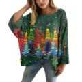 Maglione in maglia traforata verde da donna con vivace stampa 3D di alberi di Natale - Taglia S / Top con Stampa Albero Colorato (XY-LK018) / Verde