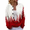 Christmas women knitted cardigan sweater featuring red and white pine tree print and front buttons. - S / Tops / Red and White