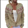 Women's retro floral print knitted cardigan with long sleeves and button up front - S / Tops / Oatmeal Retro Floral Print (GJN250709509KH)
