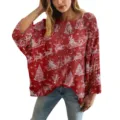 Maglione in maglia traforata rossa per Natale con stampe festive di renne e alberi - Taglia S / Top con Stampa a Tema Natalizio Rosso (XY-LK019)