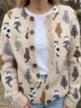 Vintage cream knit cardigan with multi-colored cat pattern and wooden buttons - S / Tops / Beige Cat Print (202605131)