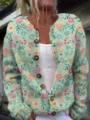 Vintage floral print long sleeve knit cardigan featuring round neck and wood buttons - S / Tops / Light Green Floral (202605161)