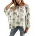 Maglione traforato da donna con stampa 3D di palme tropicali in colore bianco - Taglia S / Top con Stampa Palma Bianca (XY-LK020)