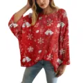 Maglione rosso traforato con stampa di fiocchi di neve e campane di Natale bianche - Taglia S / Top con Stampa Campanella Natalizia Rossa (XY-LK021)