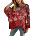 Maglione traforato oversize rosso da donna con motivi festivi di fiocchi di neve 3D - Taglia S / Top con Stampa Fiocco di Neve Rosso (XY-LK022)