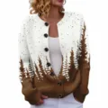 Women Christmas Tree Print Knit Cardigan Sweater Casual Round Neck Long Sleeve Button Down Top - S / Tops / Brown White Gradient